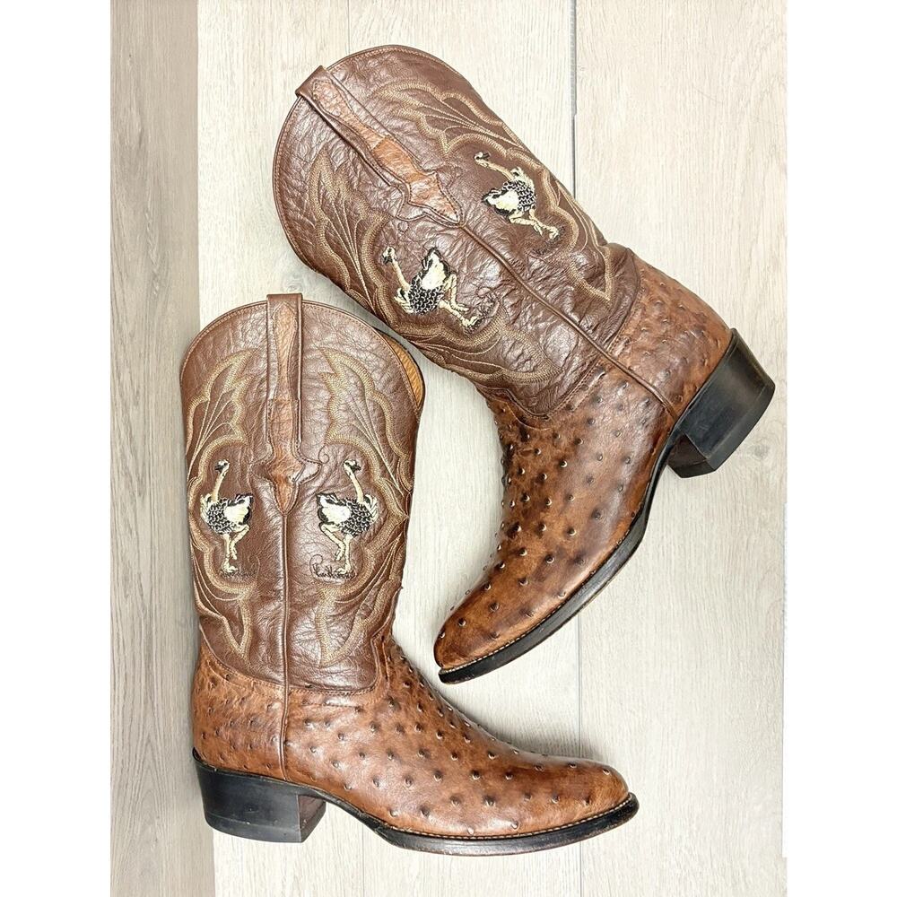 Rio Azul Full Quill Ostrich Cowboy Boots Brown Embroidered Mens Size 8.5